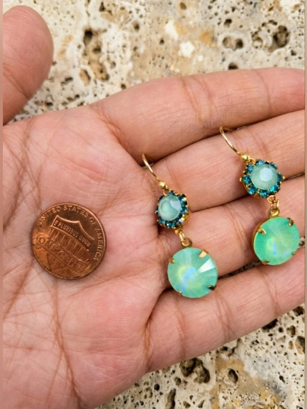 Mint Macaron Swarovski Crystals In Artisan Drop Gold Handmade Brass Earrings